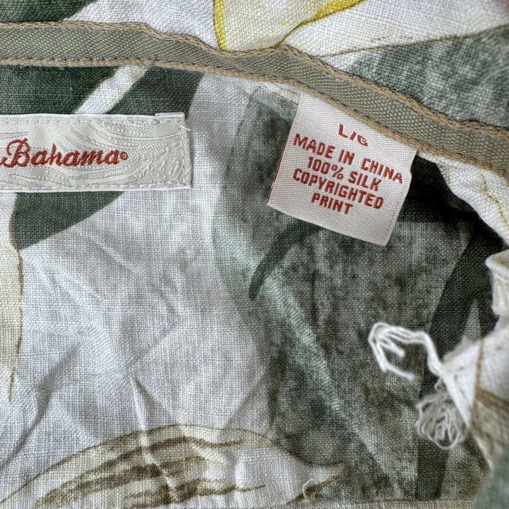 Tommy Bahama Silk Floral Shirt Men Large Green Tan Botanical Camp Aloha Hawaiian